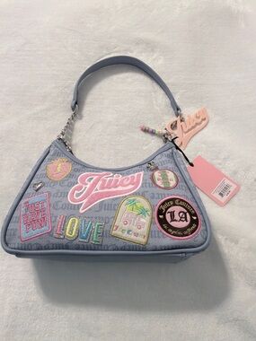 Juicy Couture Run the World Light Blue Patchwork Logo Shoulder Bag